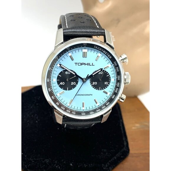 Tophill Men's Watch Mechanical Chronograph Blue Dial Black Leather Band 40mm - Picture 13 of 14